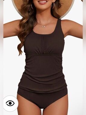 Classic Ribbed Scoop Neck One-Piece Swimsuit in Brown